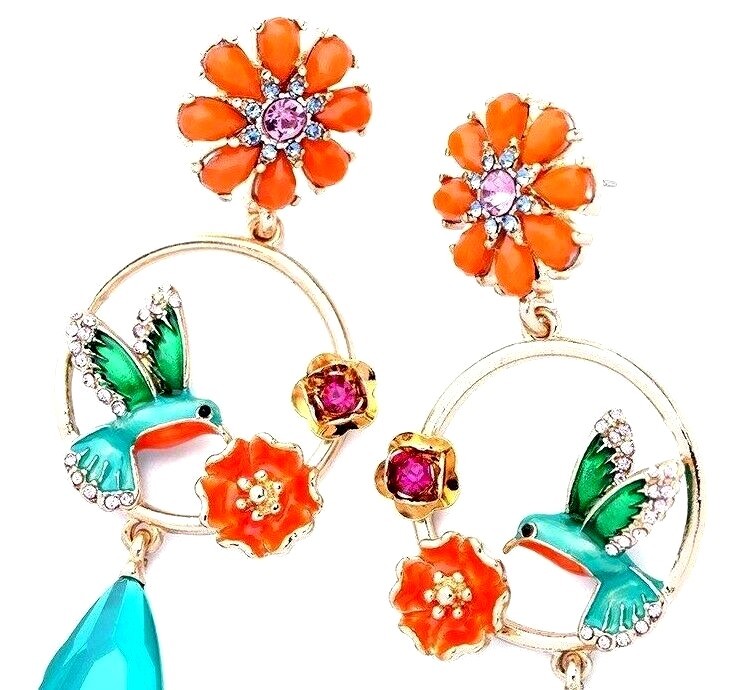 US Seller Betsey Johnson Antique Style Multi-colored Crystal Bird Earrings