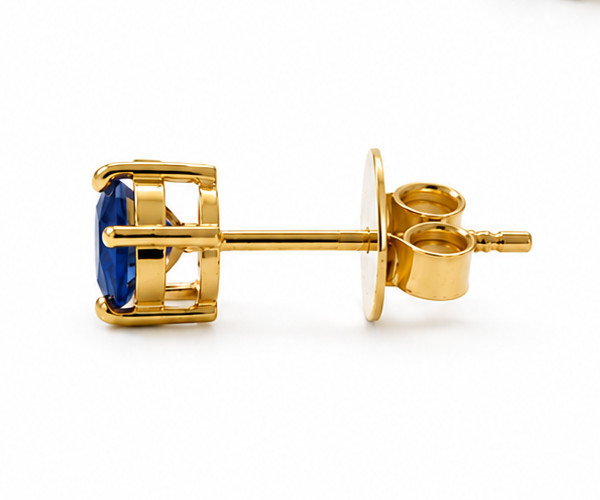 Lab Grown Blue Sapphire Stud Earrings in Yellow Gold Finish Classic Round Cut