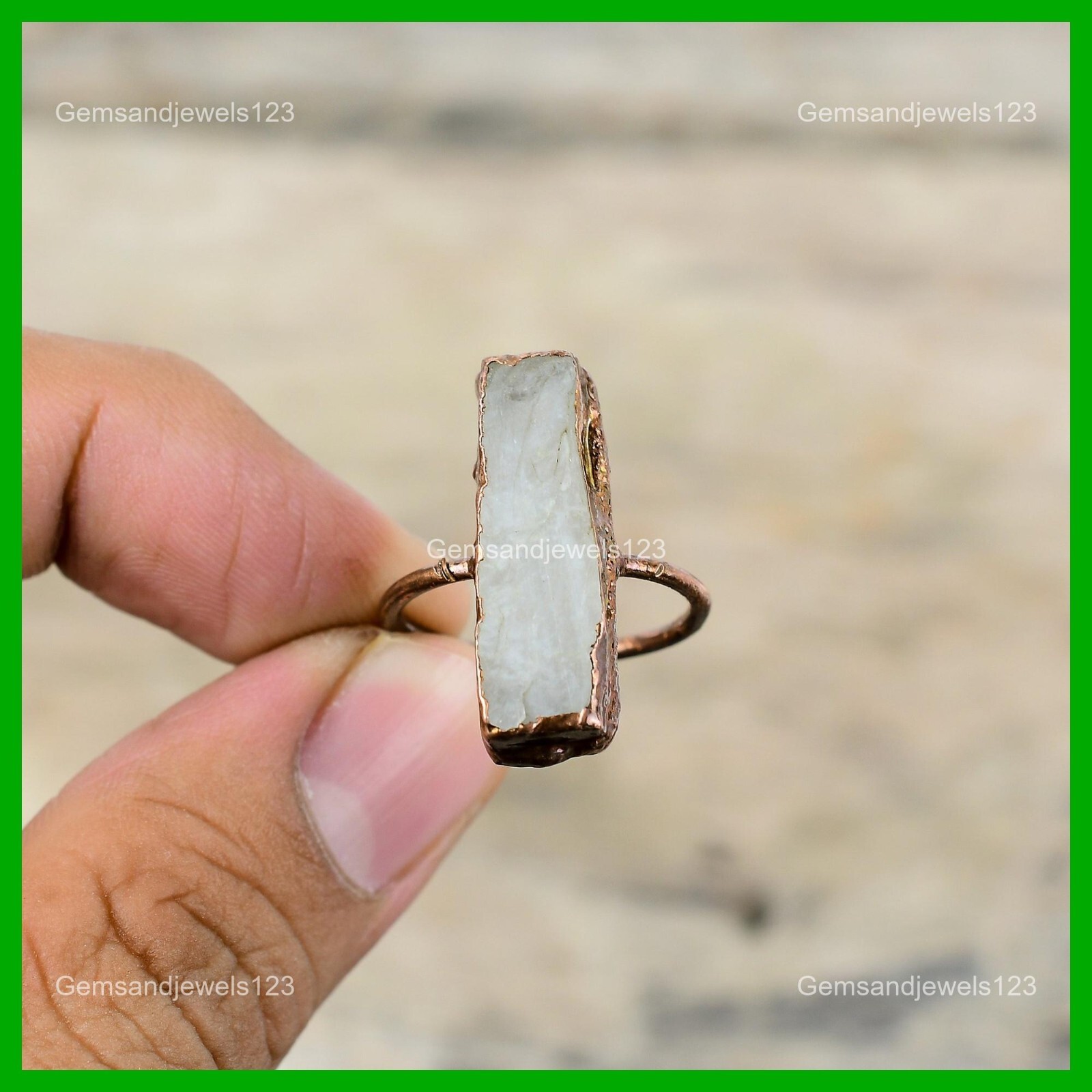 Radiant Rainbow Moonstone Rough Stone Copper Stackable Unique Electroformed Ring