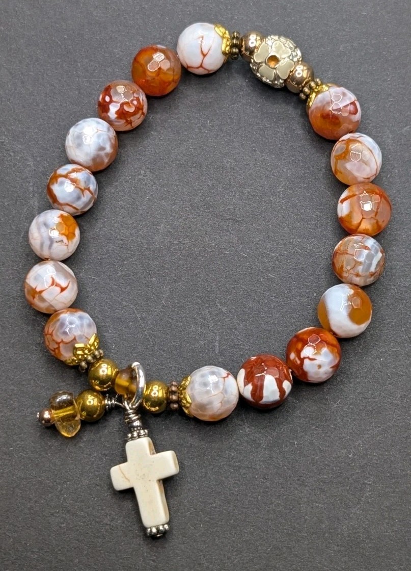 Women Stylish Orange, Cross Charm Beaded Stretch Bracelet (17cm) S/M 6.5″ Wrist