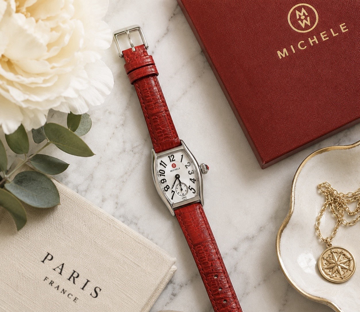 Michele Coquette Swiss Quartz Watch Stainless Steel Red Leather Strap Running