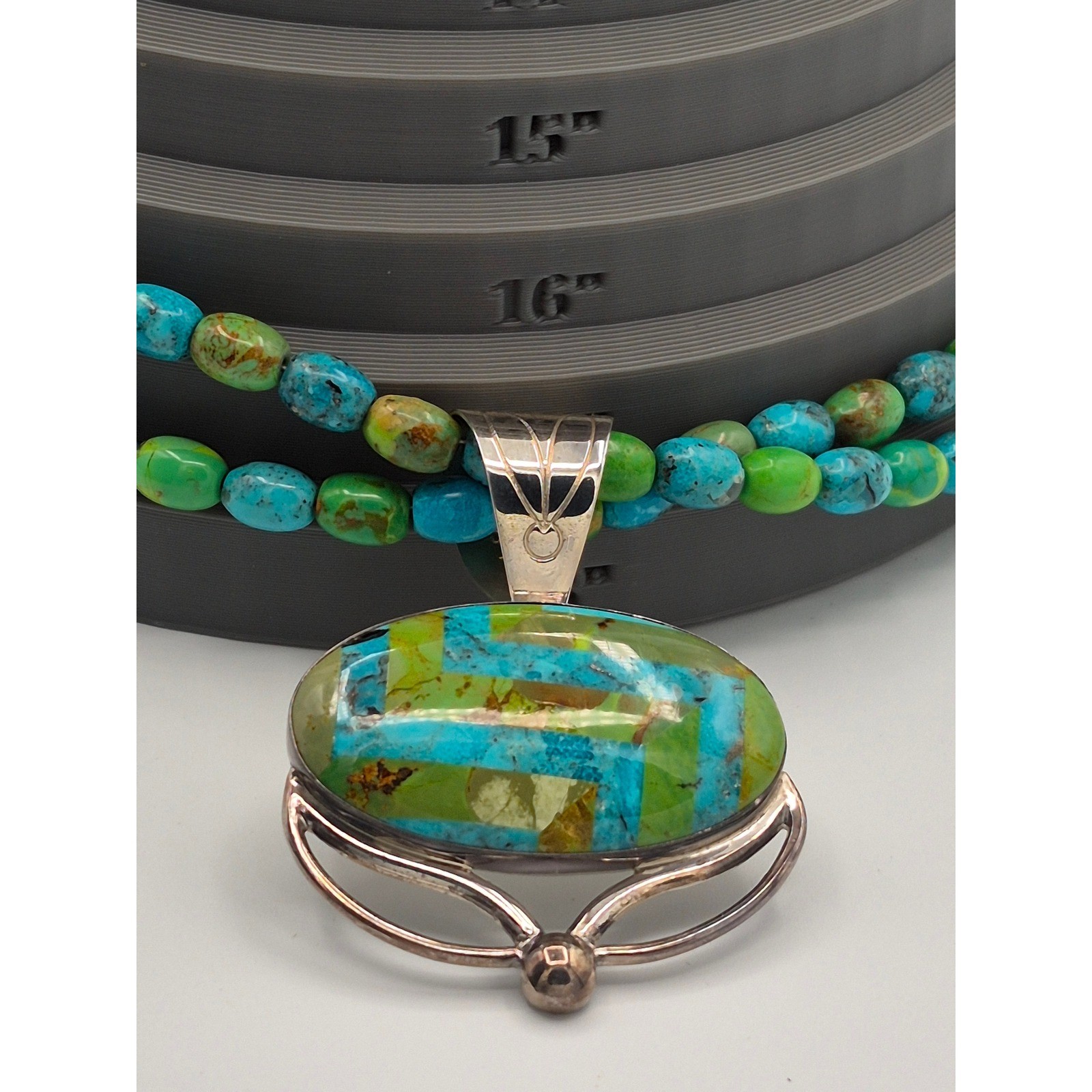 Vintage Jay King Necklace Turquoise Green Mojave Inlay Pendant Double Strand 925