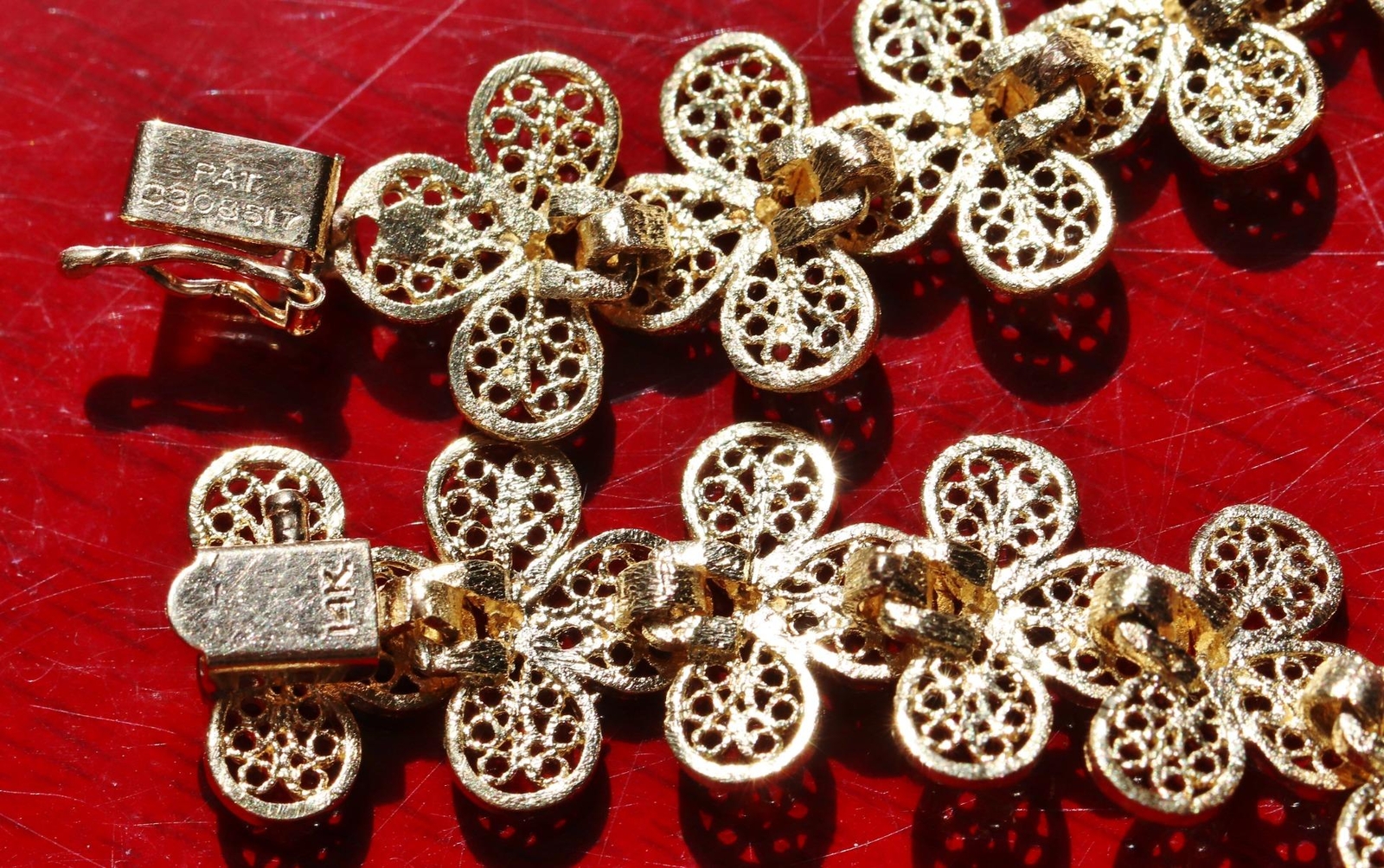14k yellow gold bracelet 7.25″ diamond cut flower link chain handmade 15.7g N307