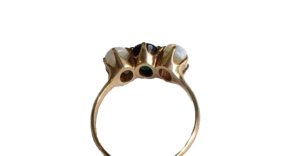 Antique Trilogy Ring Vibrant Opals and Deep Green Center Stone 10k Gold Superb!