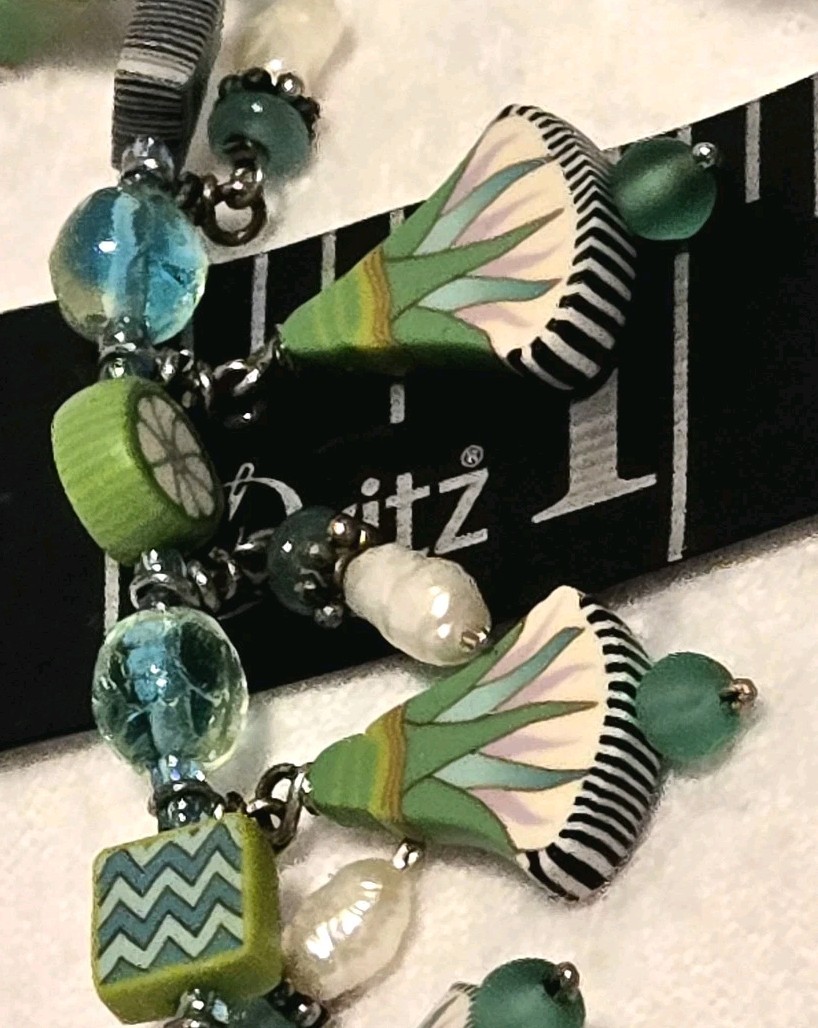 ​Designer Boho Chic Green Millefiori & Pearl Dangle Charm Toggle Bracelet