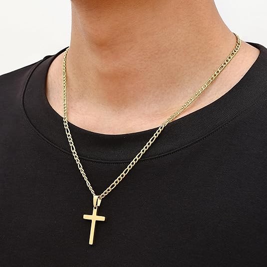Collar de cruz chapado en oro de 14 quilates para hombre, cadena Figaro de acero