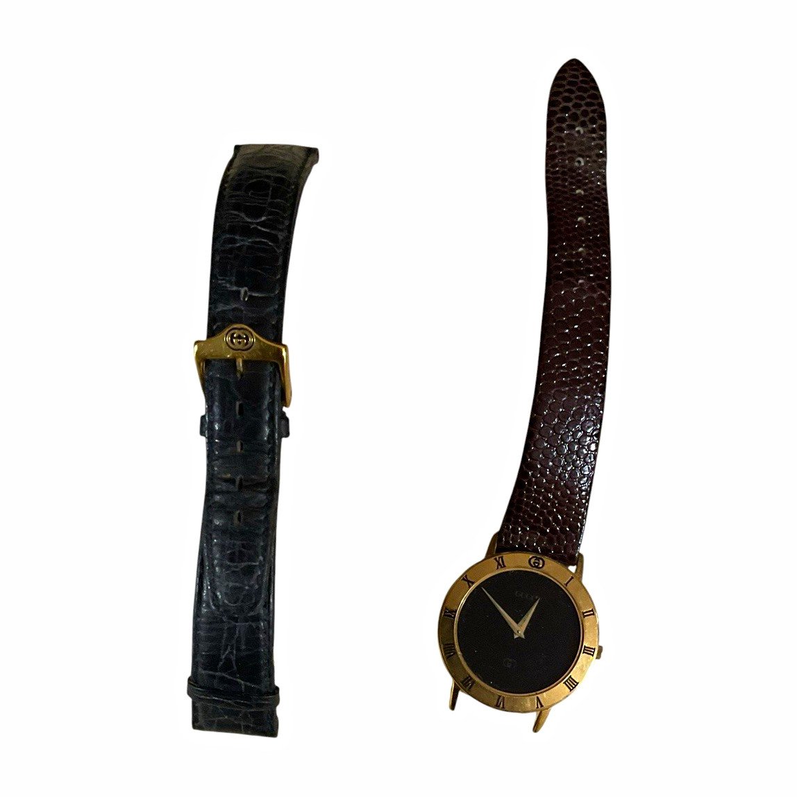 Gucci 3000L Women’s Quartz Dress Watch Black Dial Roman Gold Plated Brown