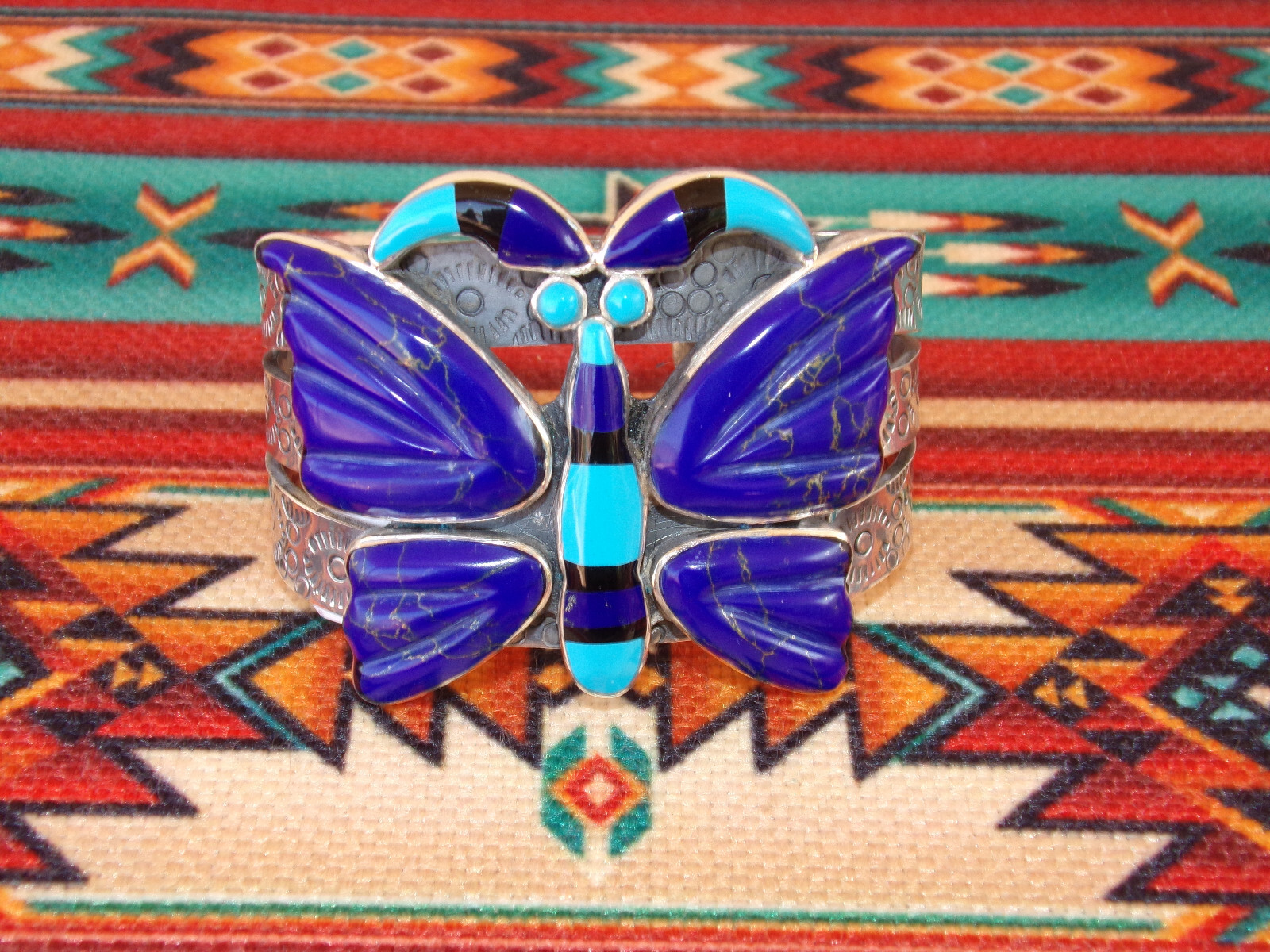 FEDERICO JIMENEZ Sterling & Natural Lapis -Turquoise Butterfly Bracelet 6 3/8 In