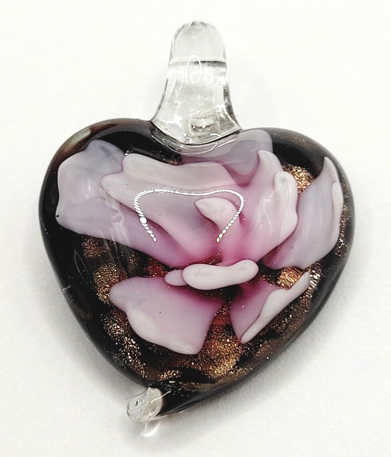 Glass Heart Dusty Rose Artisan Craft Lampwork Style Floral Foil Glitter Pendant