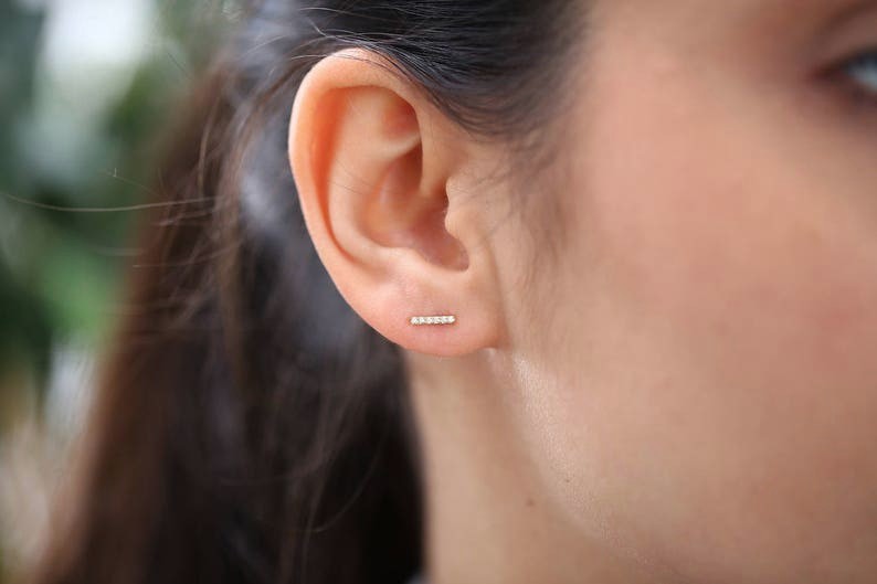 14K Gold 0.10 CT H-I/SI Round Natural Diamond Dainty Minimal Bar Stud Earrings