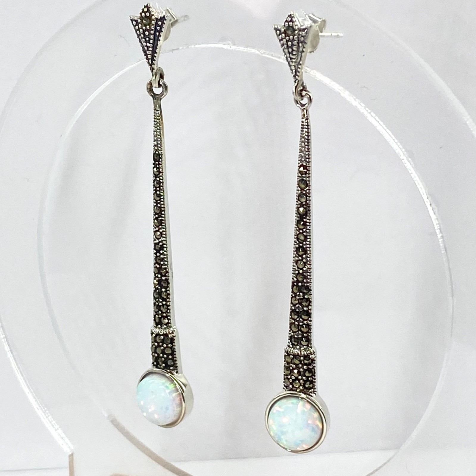 Opal Earring Studs 925 Sterling Silver Long Drop Marcasite Accents 6.2cm New