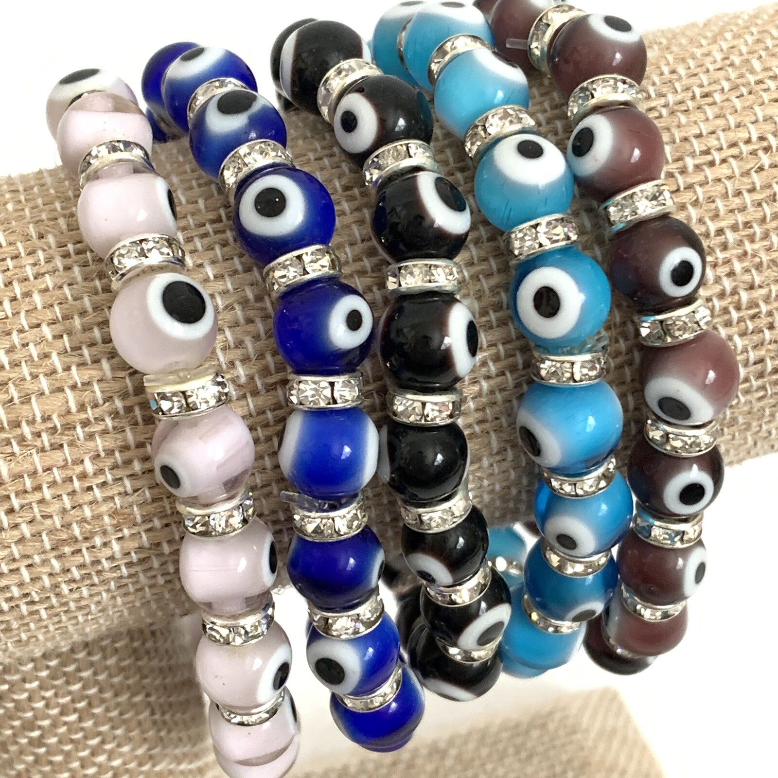 Evil Eye Bracelets Medium Glass Beads Crystals Elastic String Many Colors Stack