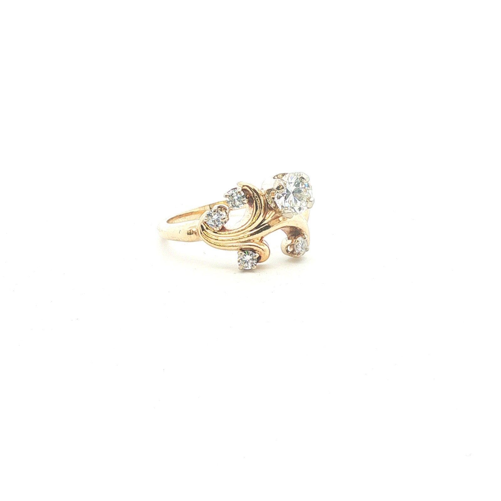 14K Yellow Gold Diamond Swirl Ring 1–1.25 CT Center Size 6.75 Vintage Style