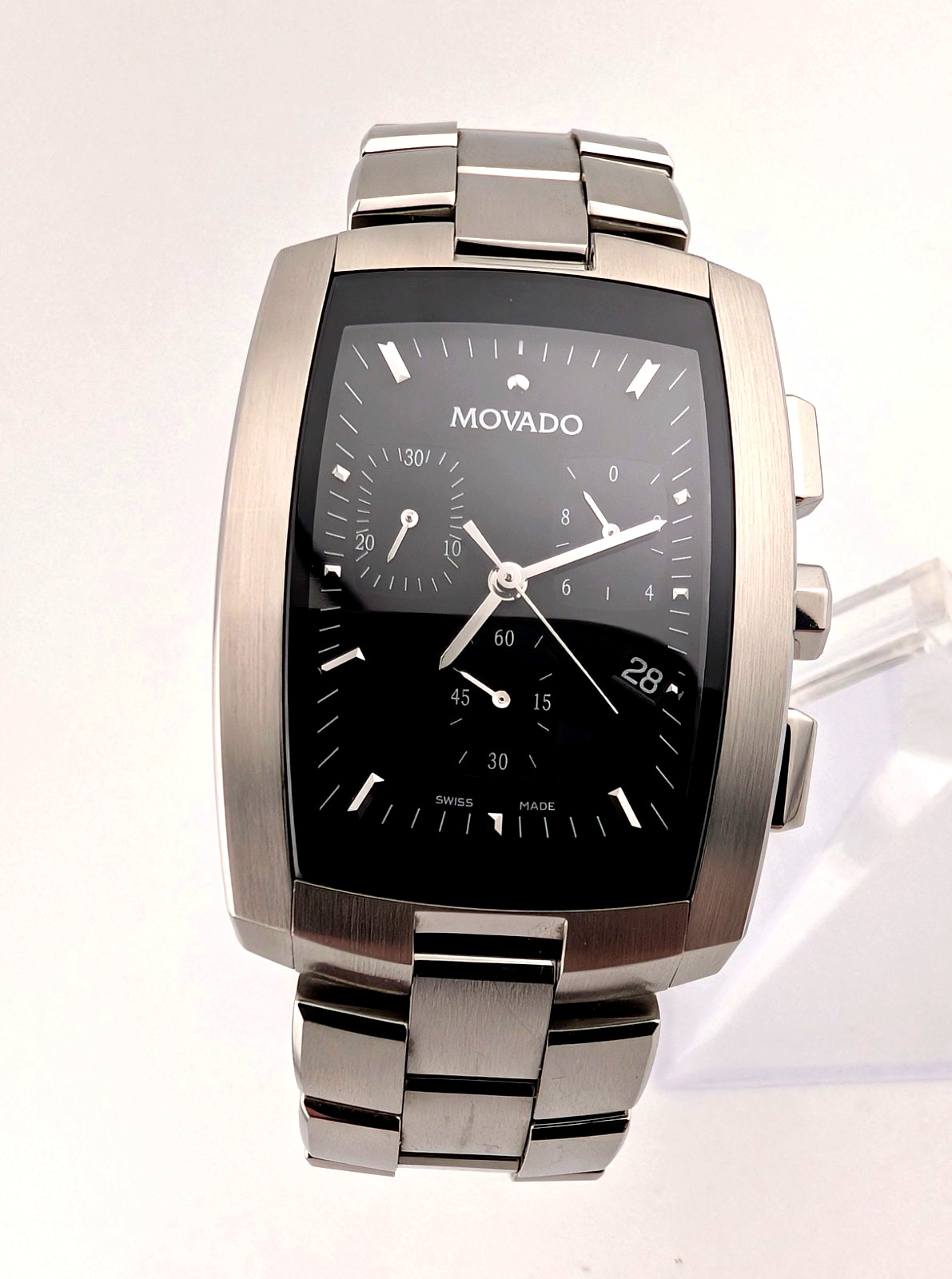 Movado Mens Eliro Chronograph SS W/Tonneau Barrel/Blk Dial #84.H1.1450~Exquisite
