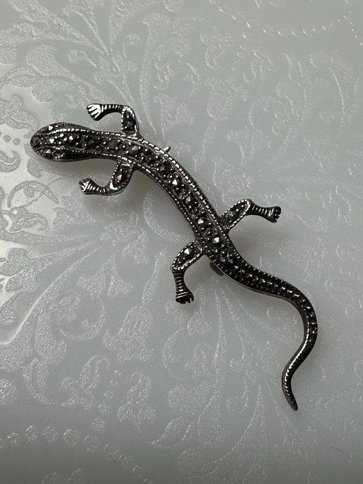 Vintage Sterling Silver Marcasite Gecko Lizard Salamander Brooch Pin 925