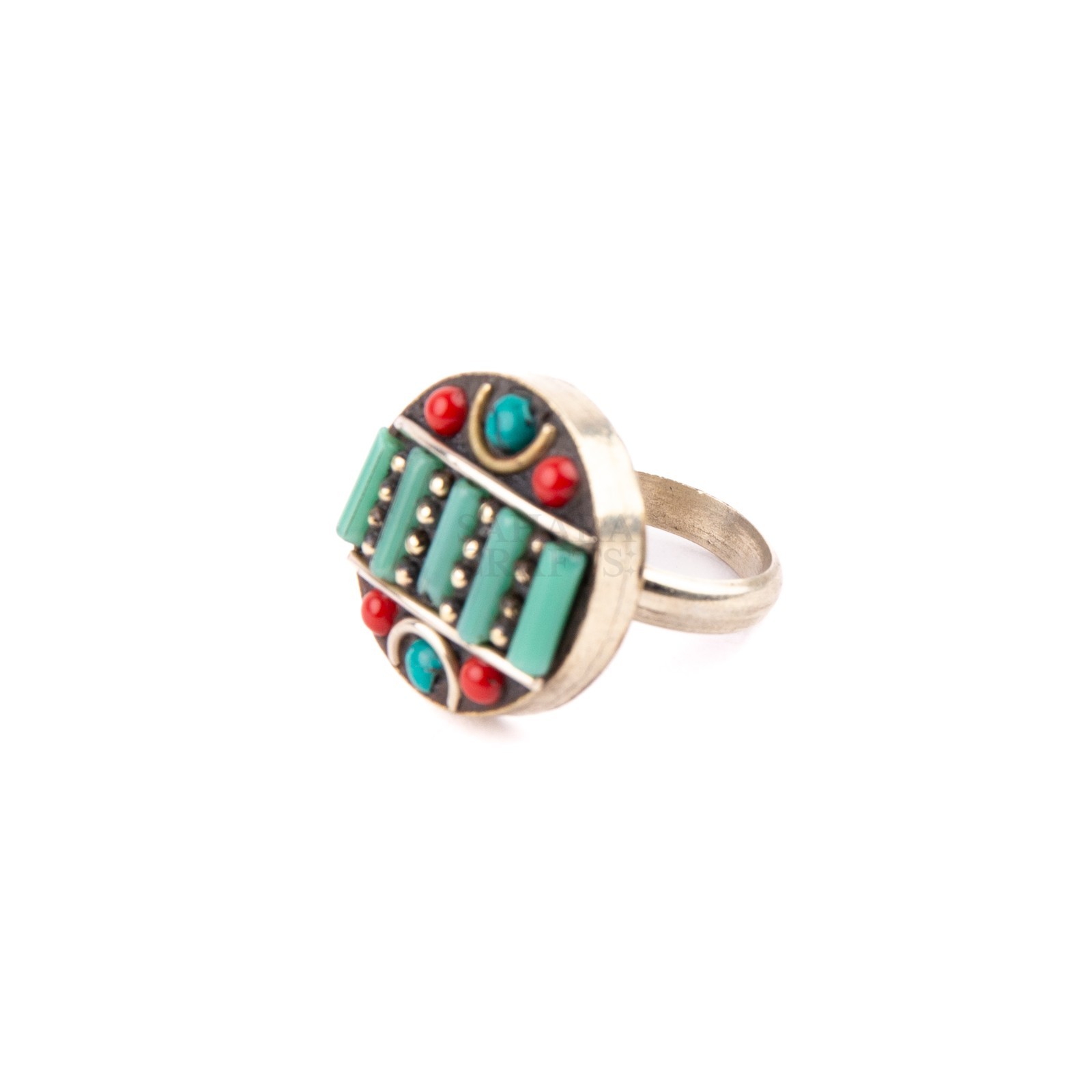 Tibetan Ring, Red Coral Turquoise Beads, Handmade Tribal Ring, Tibetan Bead U9.5