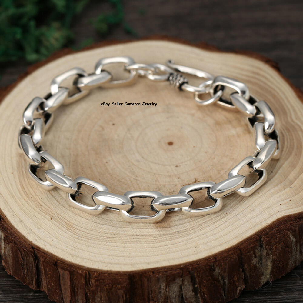 Pure S925 Sterling Silver Chain 8mm Square O Link Bracelet 7.1-7.9inch L