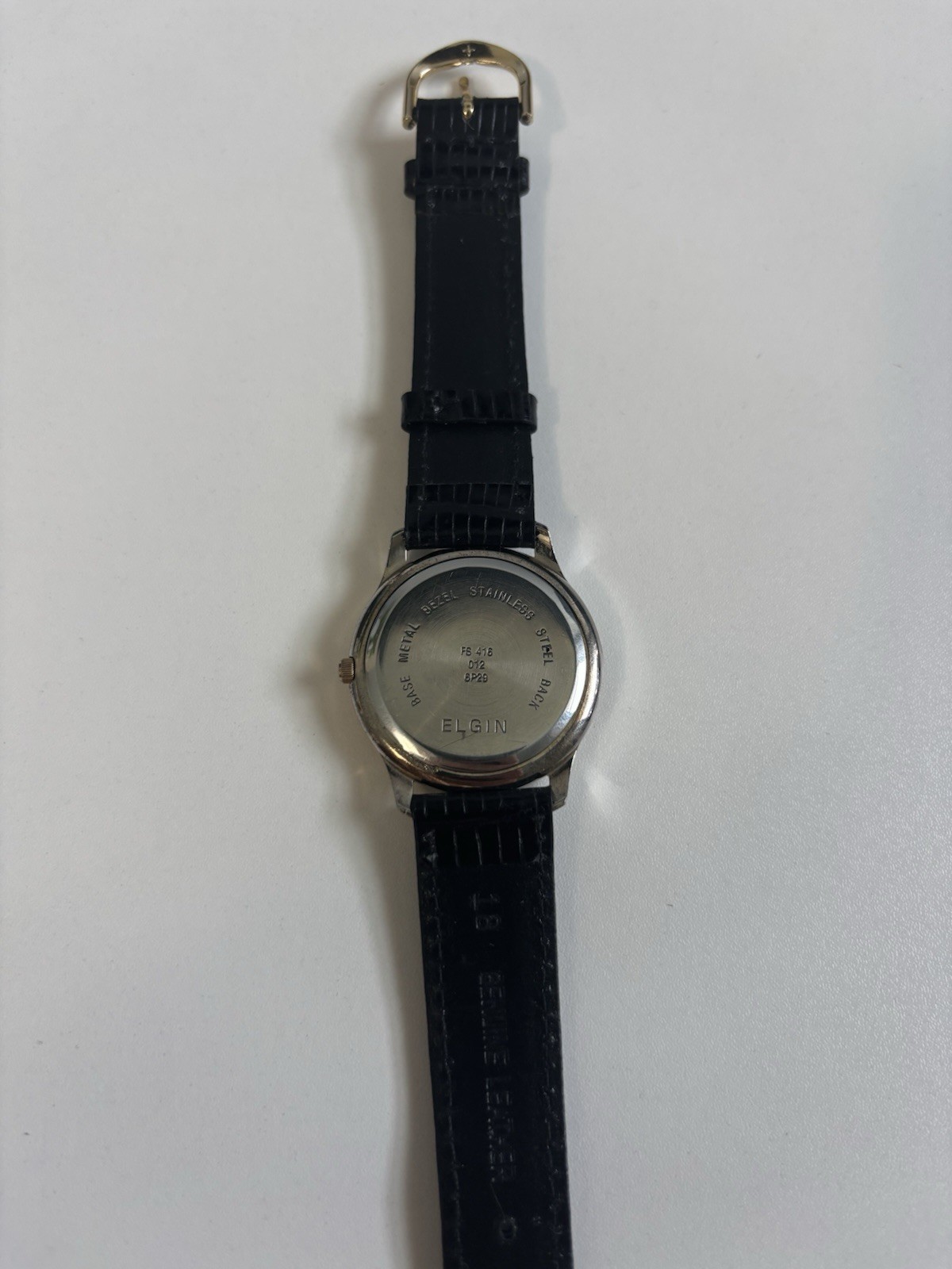 Vintage Elgin Quartz Watch Blue/Gold Dial Silver & Gold Case Black Leather Band