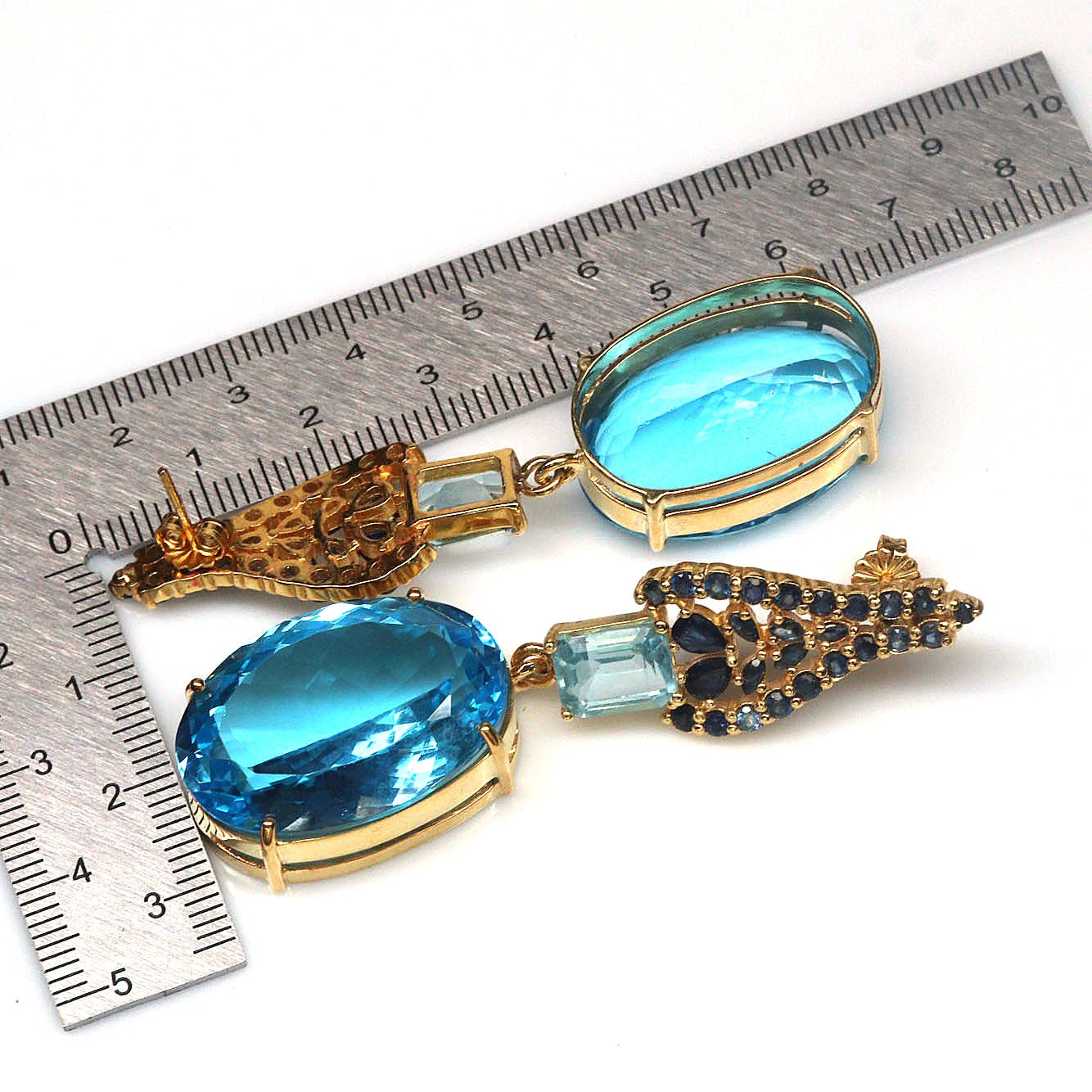 925 Sterling Silver 18 x 26 mm. Swiss Blue – Sky Blue Topaz & Sapphire Earrings