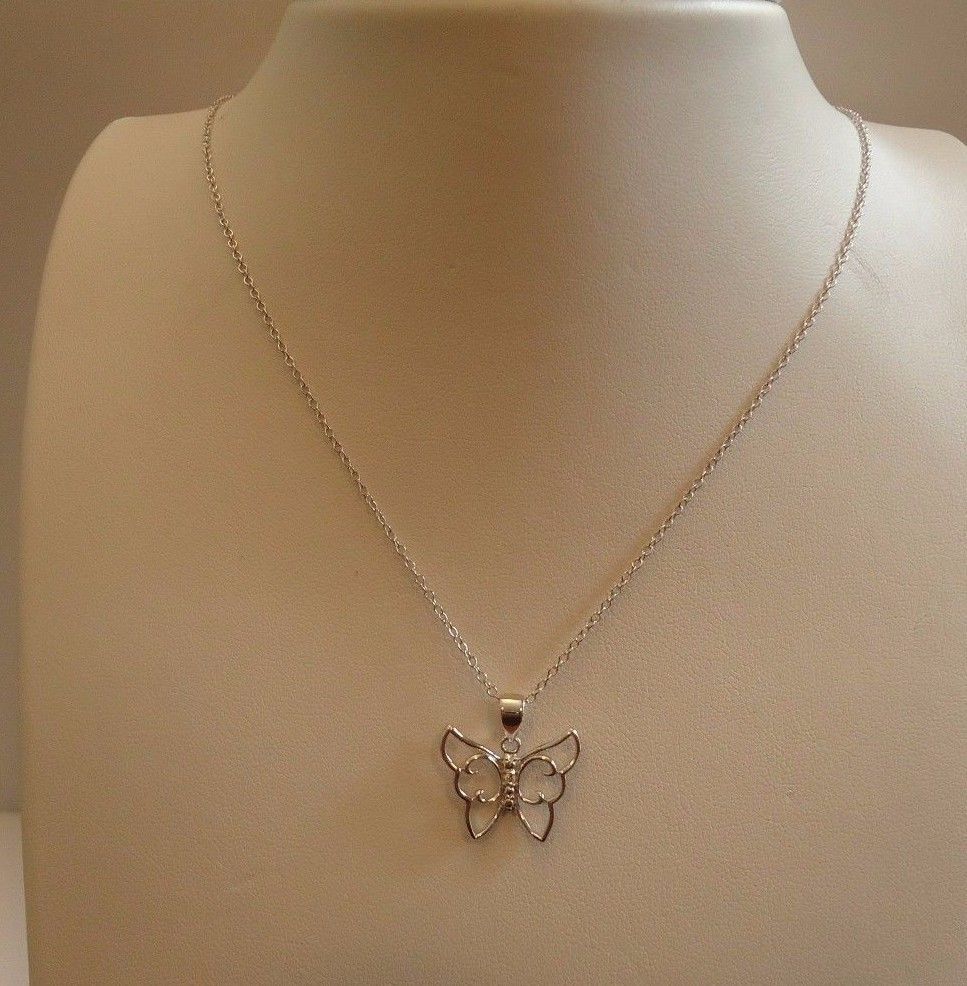 STERLING SILVER DESIGNER BUTTERFLY NECKLACE PENDANT .10 cts LAB CREATED STONES