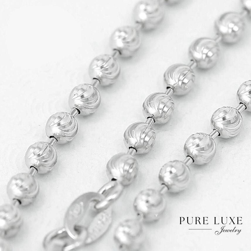 Men’s 925 Sterling Silver 24”x3mm Moon-Cut Bead Ball Necklace*Unisex.Box