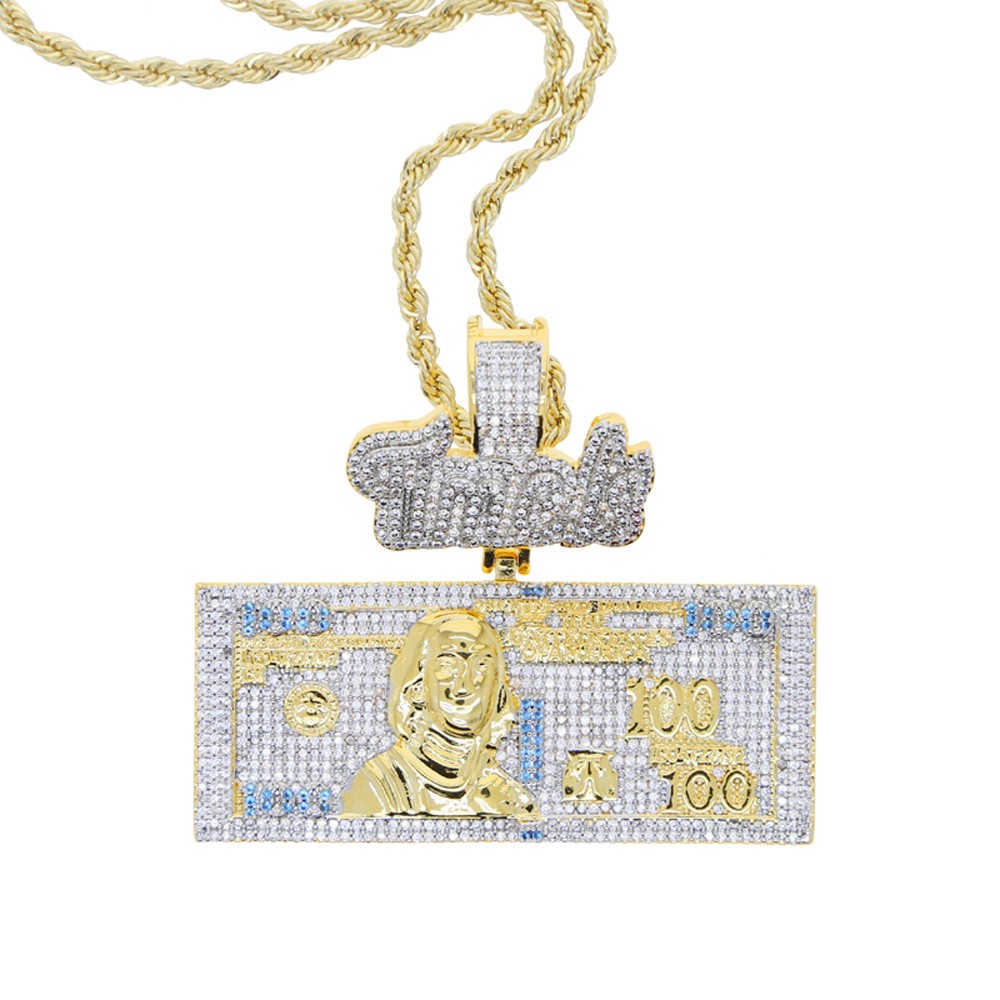 Hip Hop $100 Pendant Necklace Gold Filled Zircon Lucky Necklaces Rap Accessories