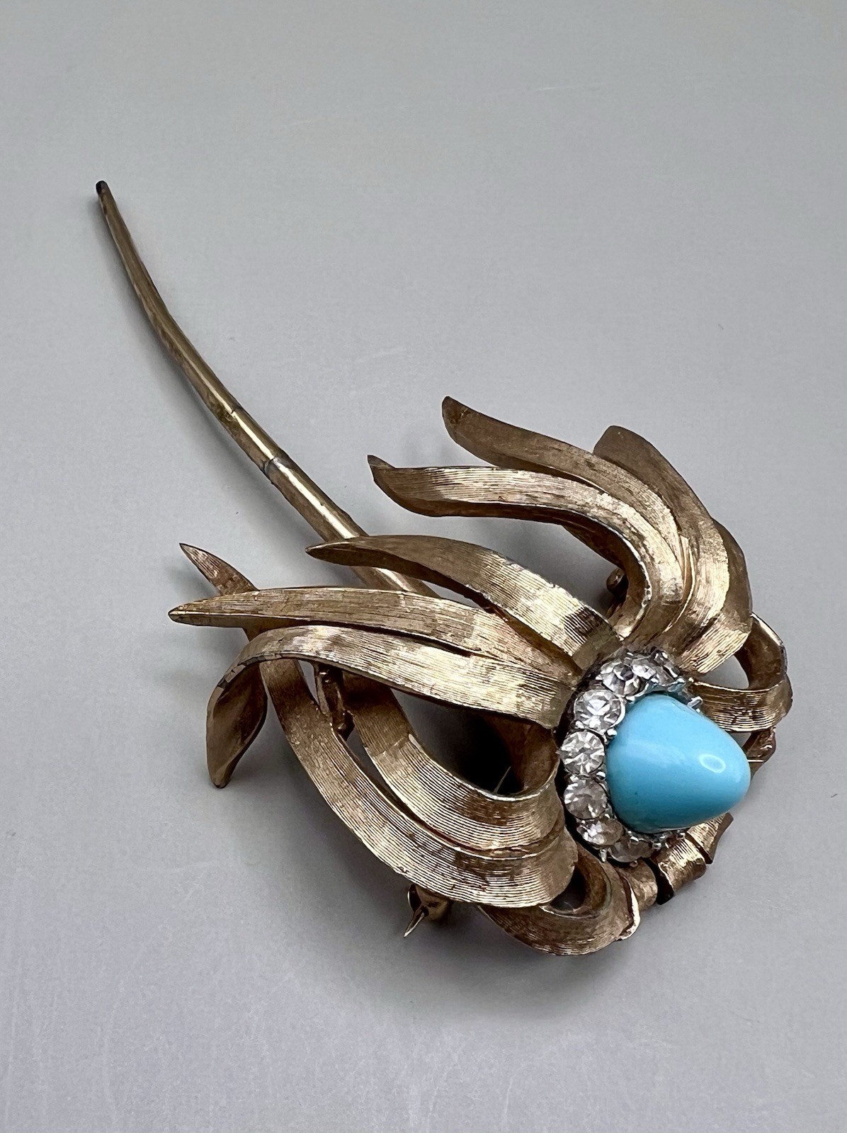 Vintage MARCEL BOUCHER Brooch Faux Turquoise & Rhinestone Flower 7849P SIGNED