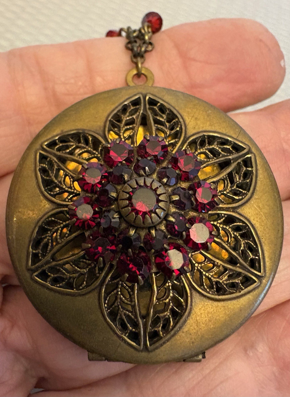 Liz Palacios SF Perfume Locket Necklace Brass Red Jeweled Filigree Scent Pendant