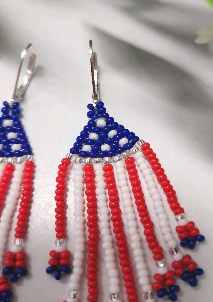 Beaded American Flag Desing Earrings. Handmade. Long 2.8 in.