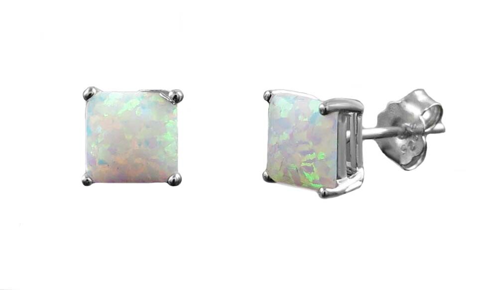 925 Silver Charm Blue & white Fire Opal Square Cut Earrings Stud Women Jewelry