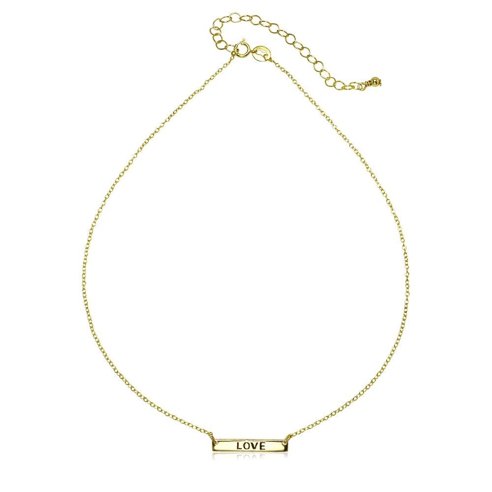 Yellow Gold Flashed 925 Silver Polished Love Inspirational Bar Choker Necklace