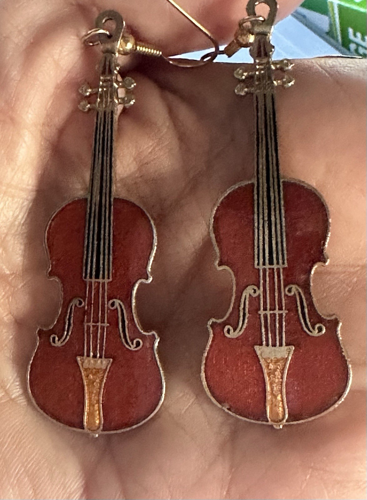 Vintage Future Primitive Violin Earrings Enamel Red Fiddle Musician Dangle