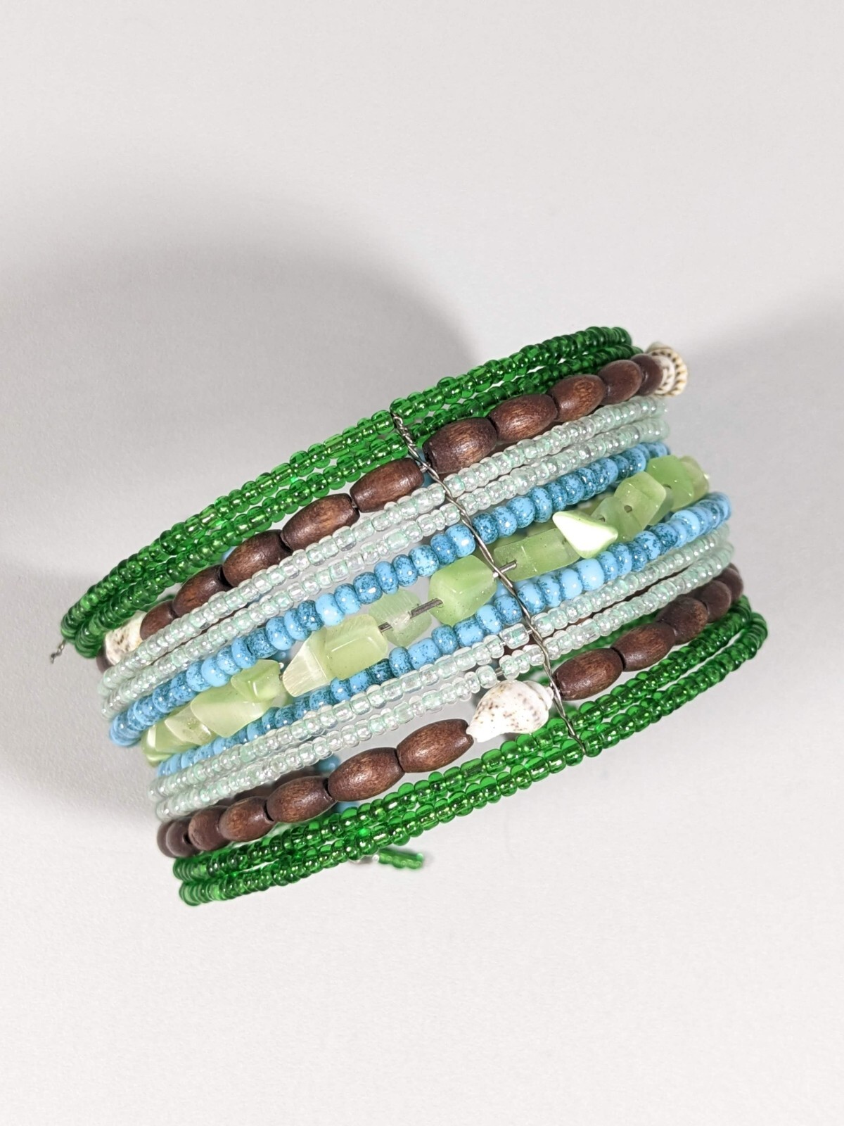 Green Blue Glass Brown Wood Shell Wide Open Cuff Bracelet 7.25 inches