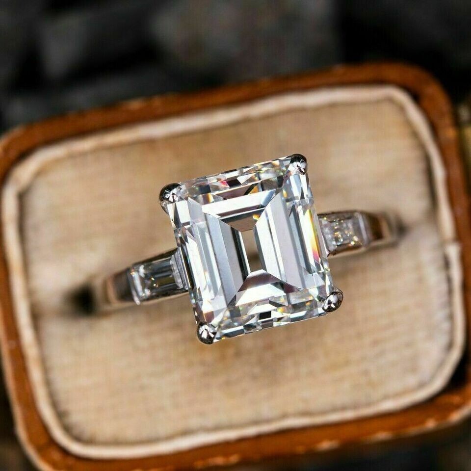 3Ct Emerald Cut Lab Created Diamond Womens Engagement Ring 14K White Gold Plated
