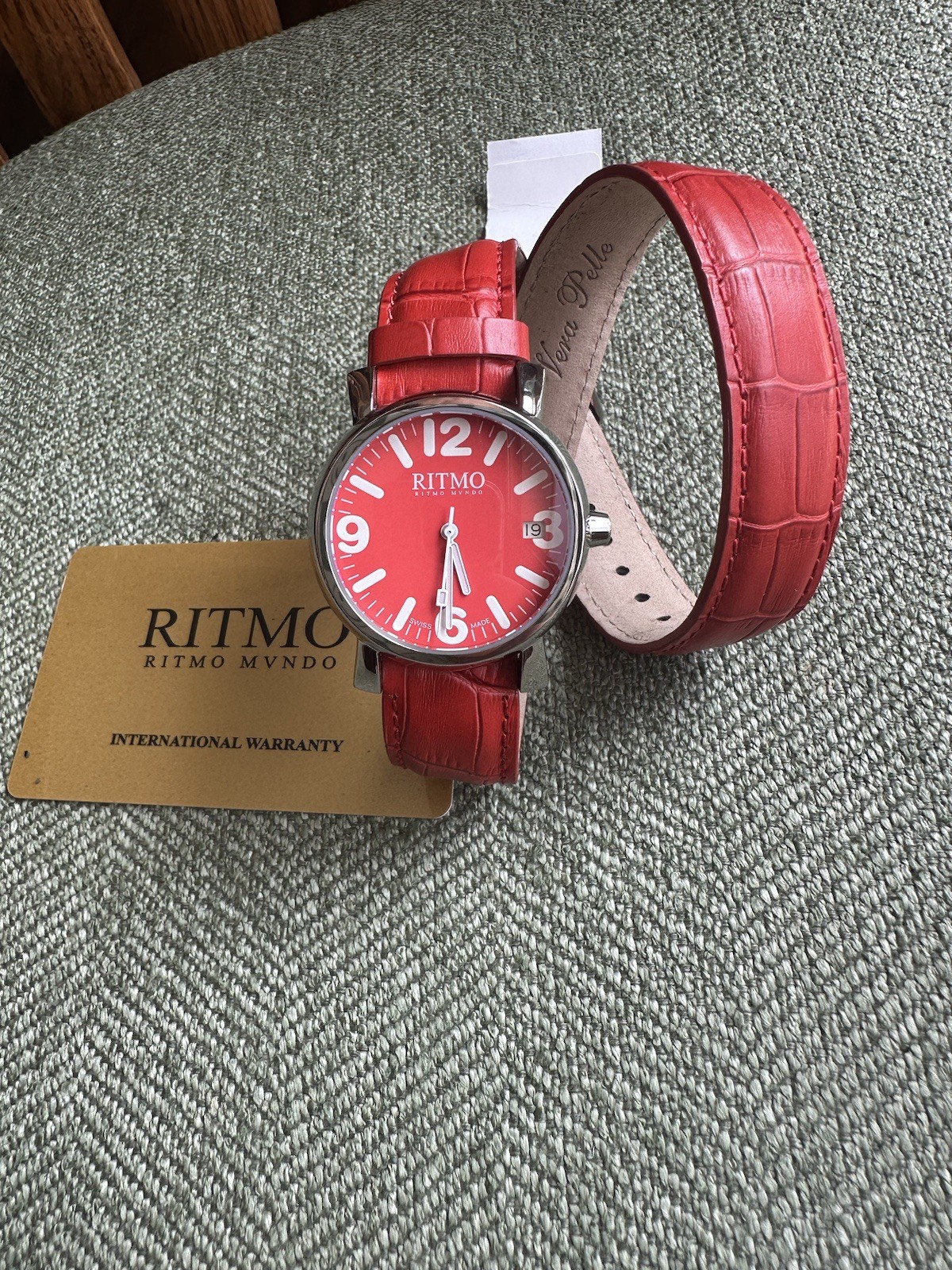 Ritmo Mundo Silver Tone Vera Pelle Red Leather Wrap Around Strap Watch NEW