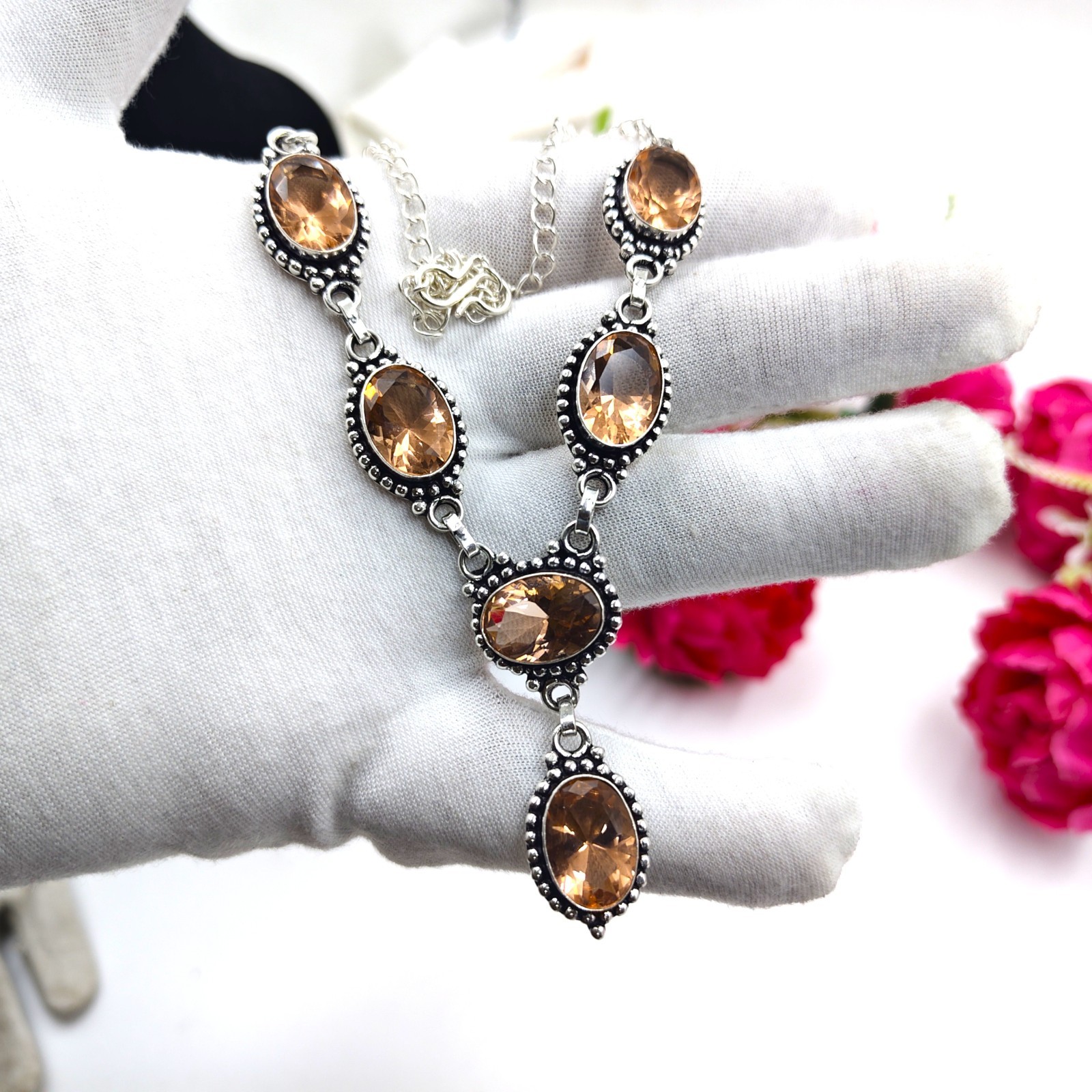 Peach Morganite Gemstone Handmade 925 Sterling Silver Jewelry Necklace Sz-17-18″
