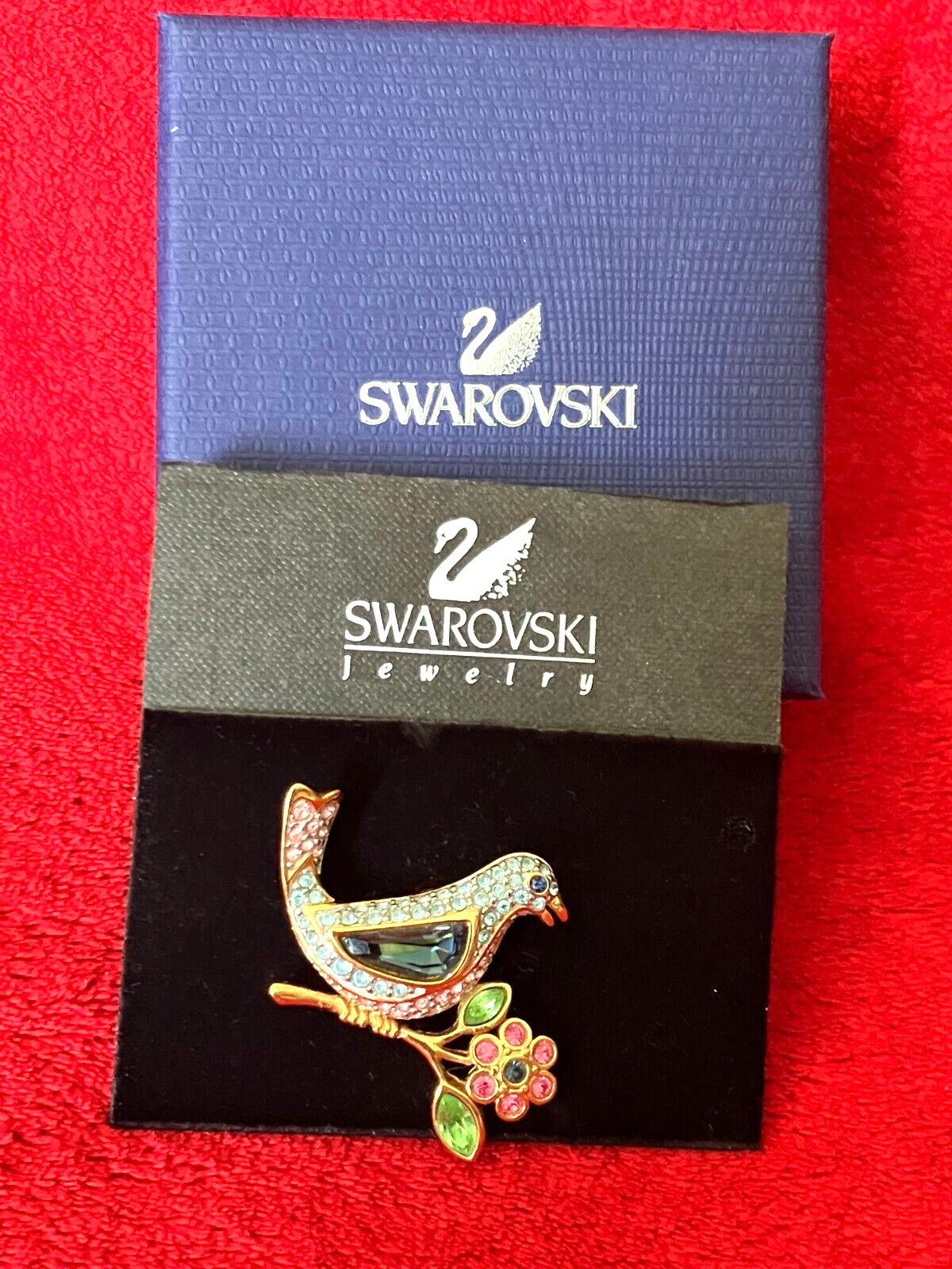 SWAROVSKI BIRD OF PARADISE PINK BLUE PAVE CRYSTAL GOLD TONE BROOCH PIN ~ USA LD