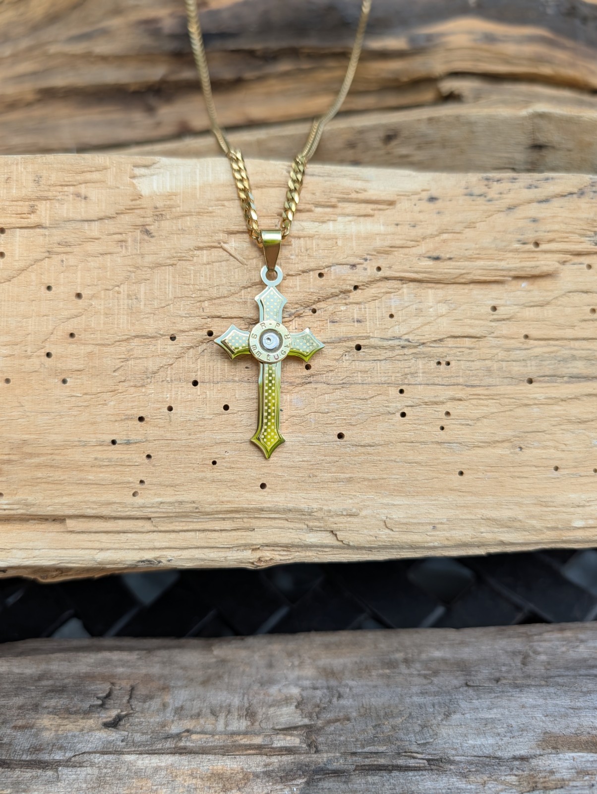 Gold Stainless Steel Cross Necklace with 9mm Bullet. Optional Crystal.
