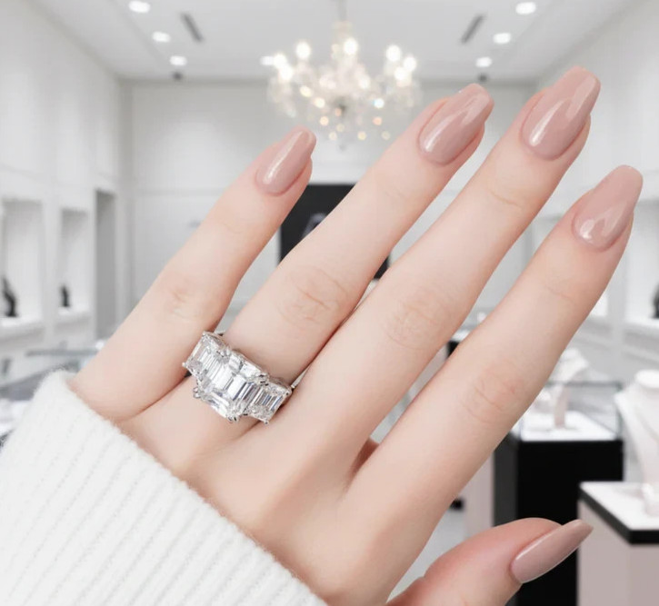 3CT Emerald Cut Created Diamond Option 3 Stone Engagement Ring In 925 Silver