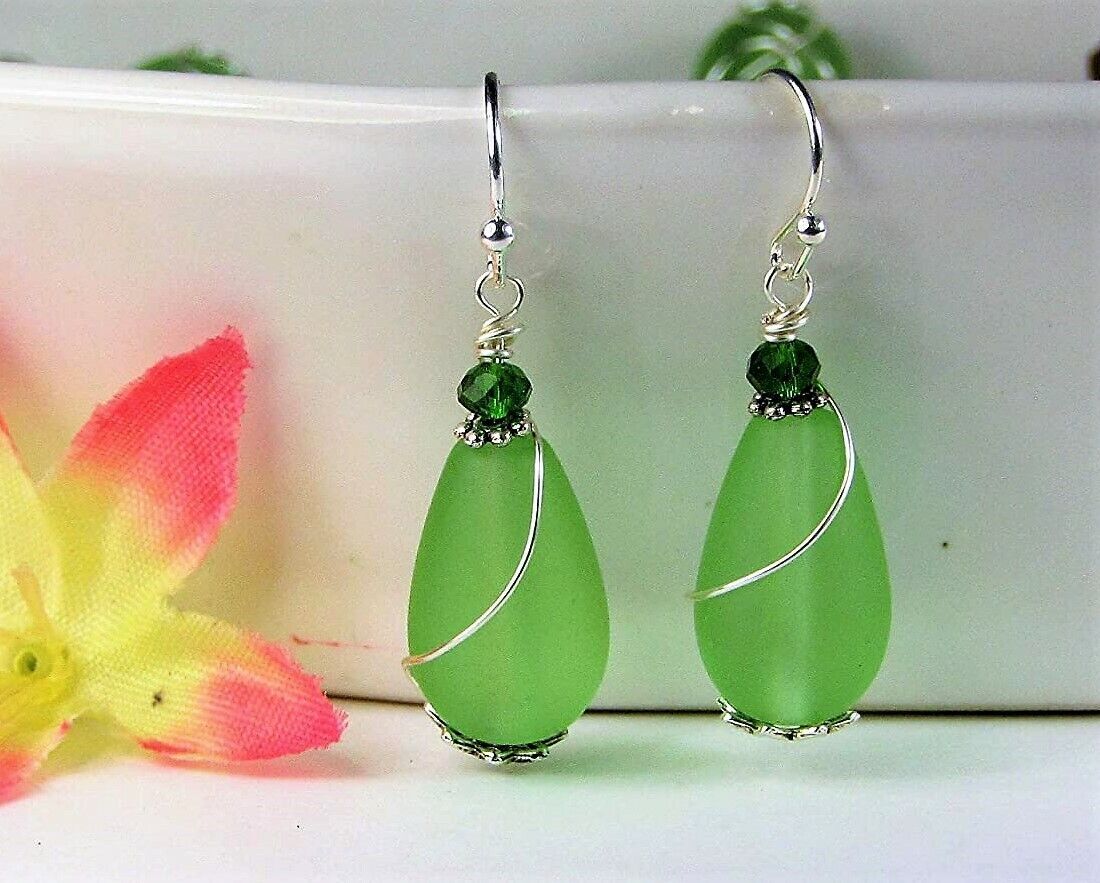Teardrop-Shaped Frosted Sea Glass Silver Swirl Wire Ladies Dangle Earrings