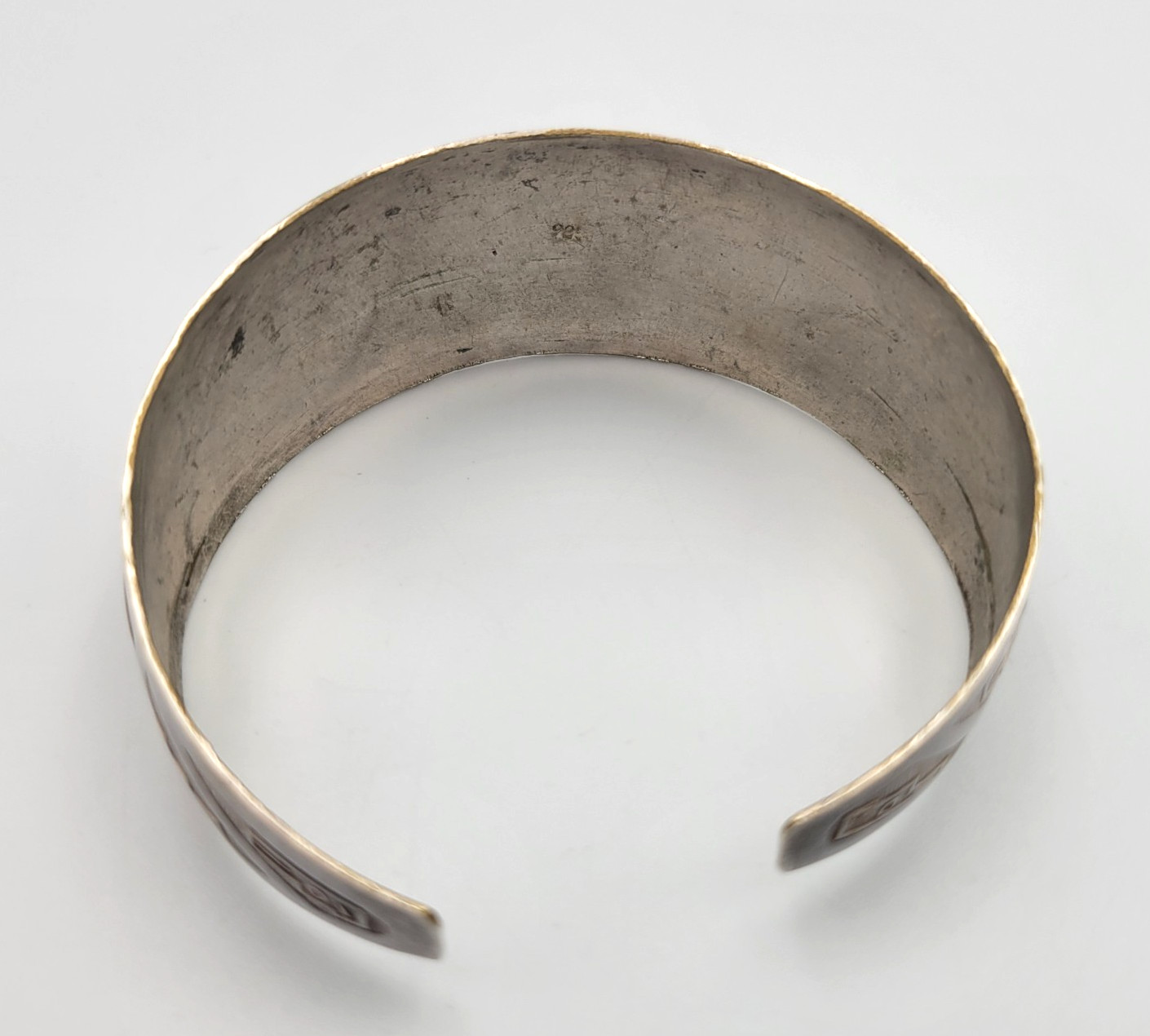 Vtg Peruvian Silver Plate Meso-American Figural Panel Cuff Bracelet MCM