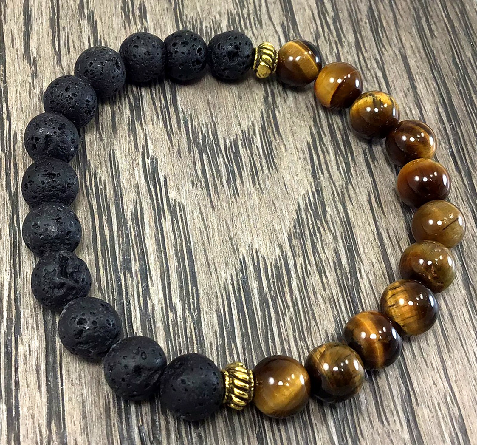 Black lava and brown tiger-eye beaded bracelet with healing protection power