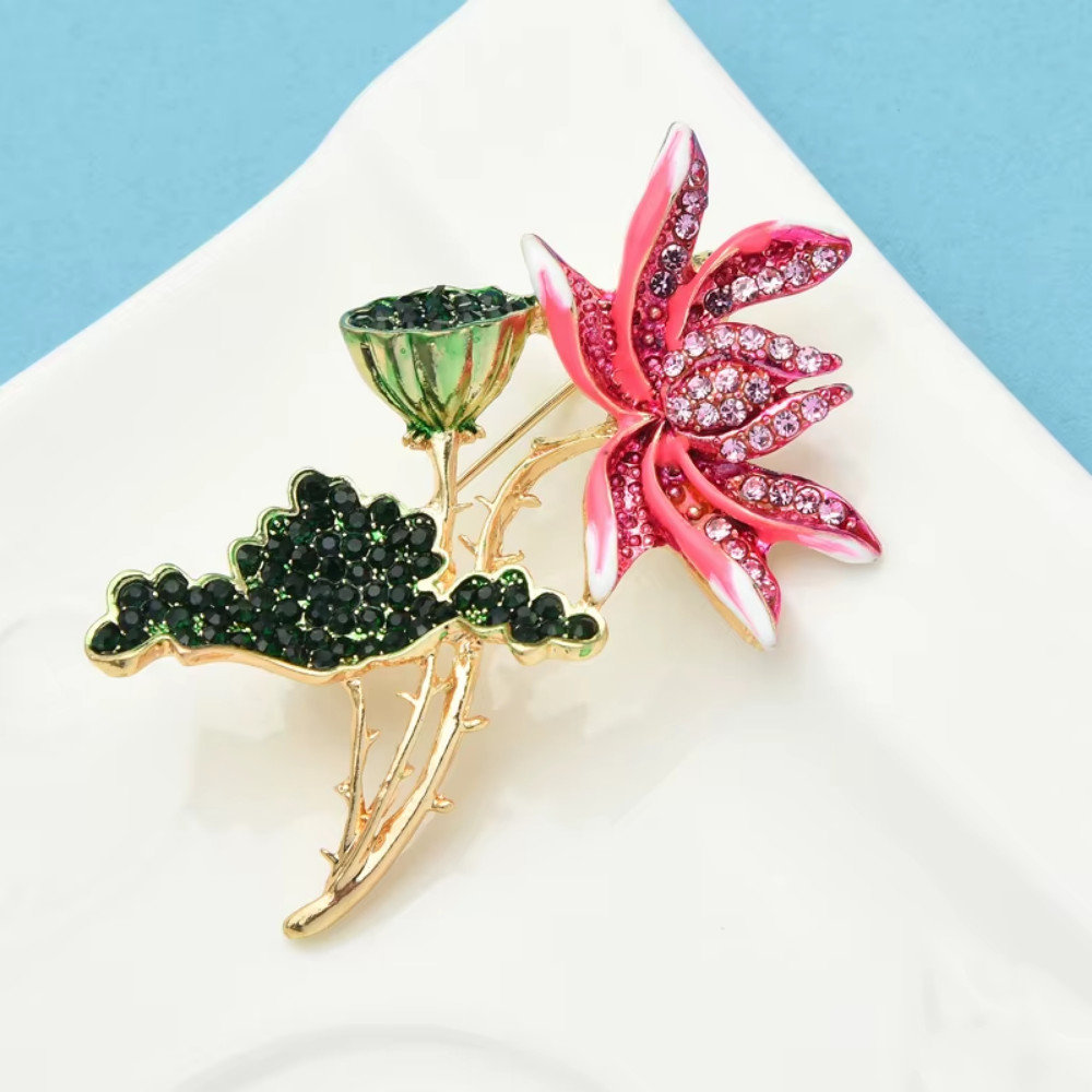 Luxury Pink Rhinestone Lotus Flower Brooch Gold Pin Spring Summer Jewelry Gift