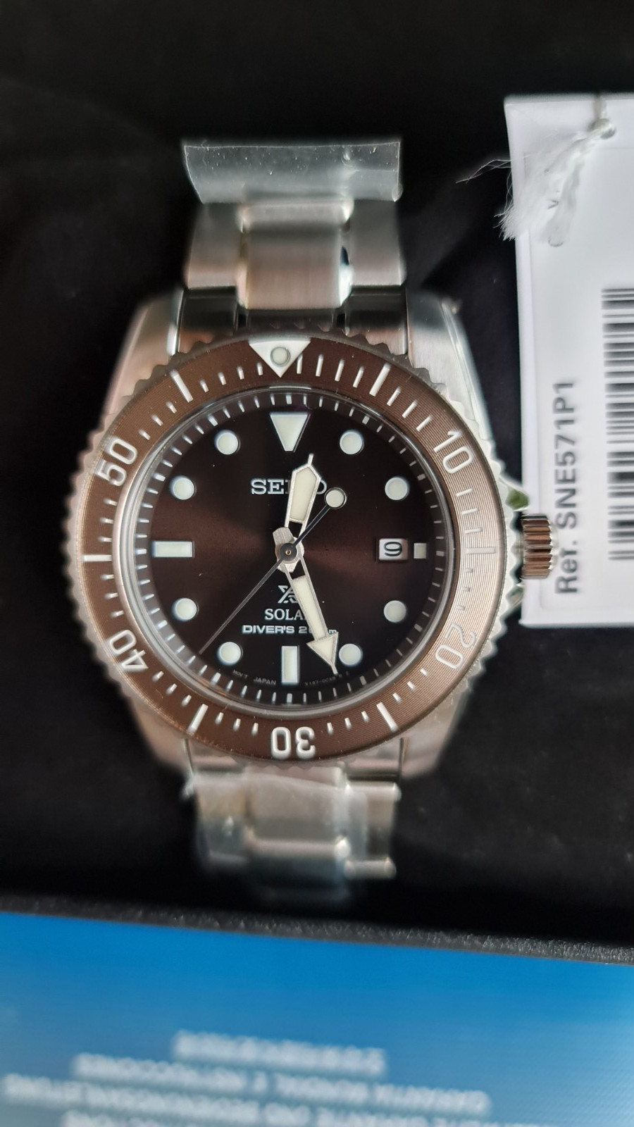 SEIKO ProspeX SNE571P1 Solar Sea Diver Watch 200m 39mm Mini Scuba Brown Date