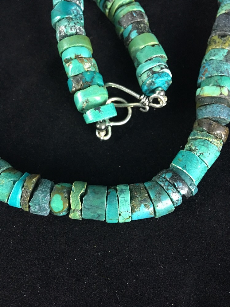 Blue Turquoise Bead 8mm Heishi Navajo Sterling Silver Necklace 20” 1135