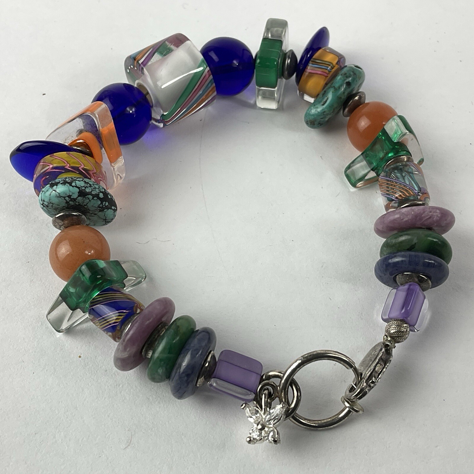 Vtg Genuine Turquoise & Art Glass Gemstones Sterling Silver Beaded Bracelet 8″