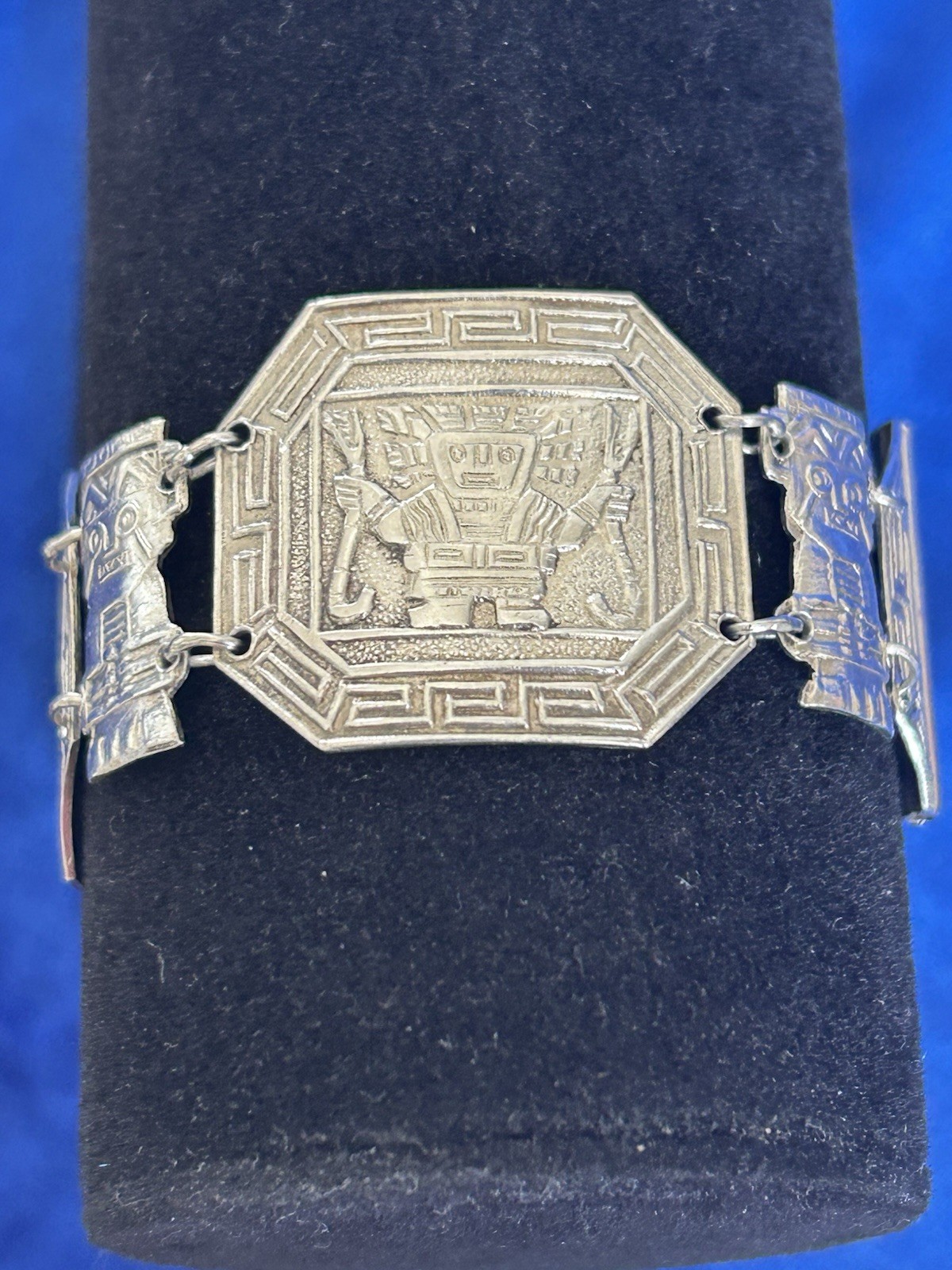 Vintage Estate Sterling Silver Inca Guardians Panel Bracelet Handmade Peru Old