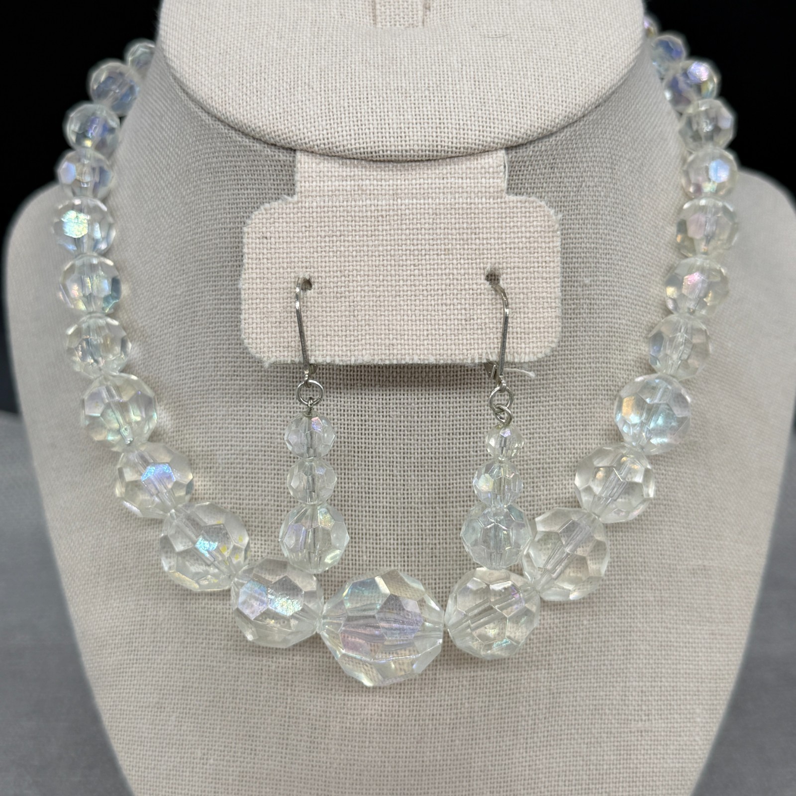 Vintage Necklace Earrings Jewelry Set AB Acrylic Beads Dangle Pierced Earrings