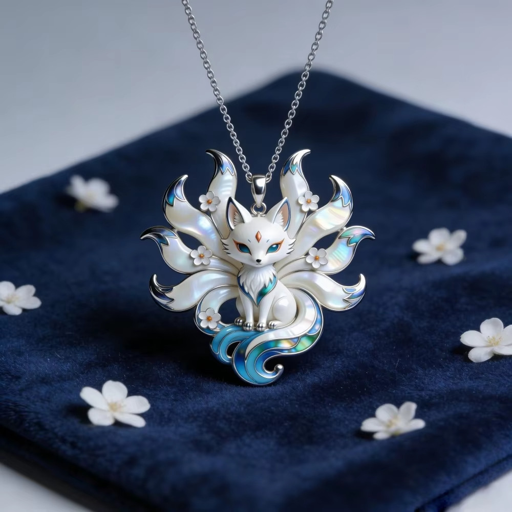 Women’s Nine Tailed Fox Enamel Pendant Necklace Chinese Mythology Silver Tone Ch