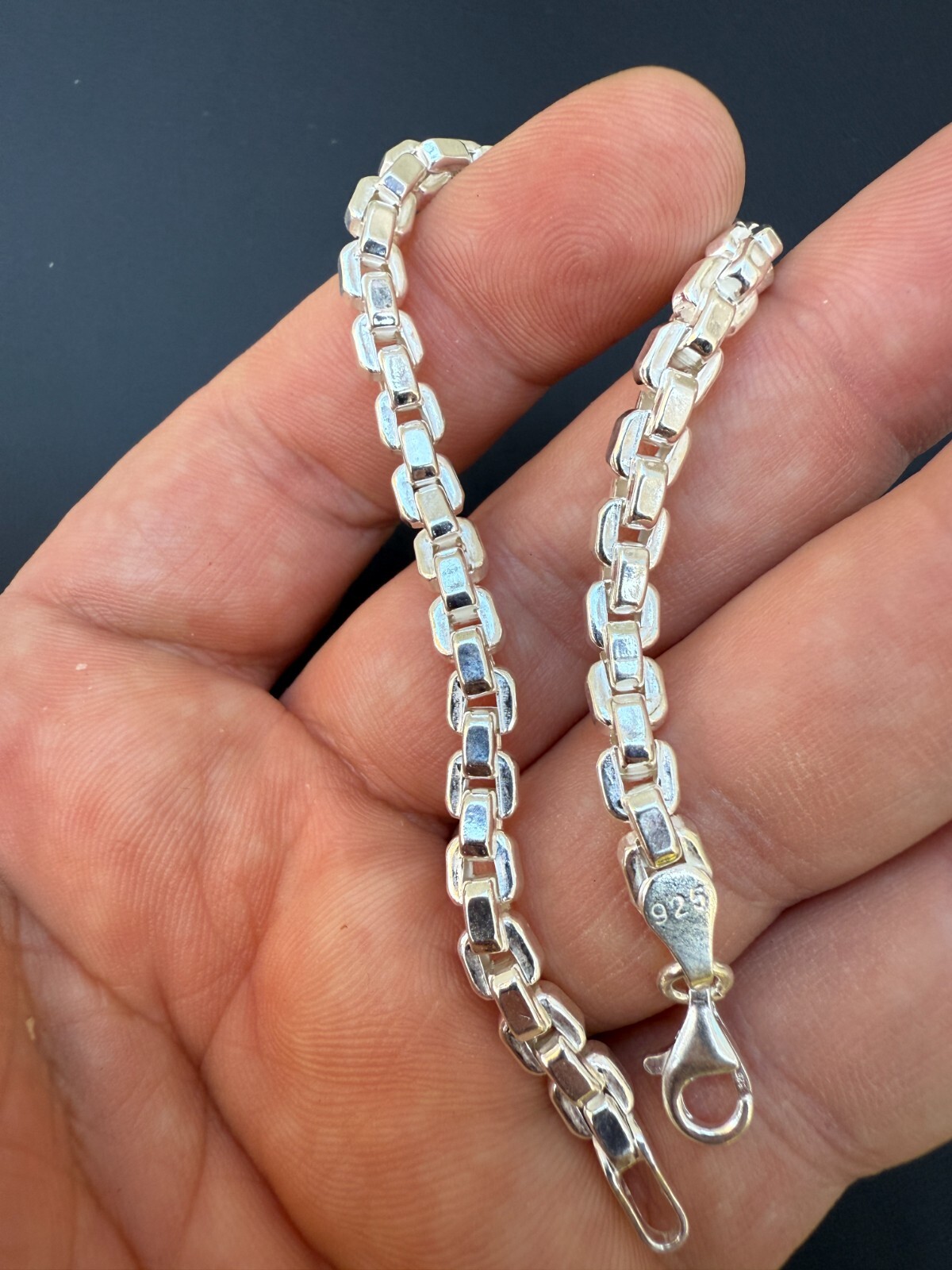 Real 925 Sterling Silver 5mm Men’s Hollow Puff Box Rolo Hermes Link Bracelet